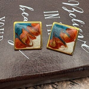 Vintage 80s Abstract Enamel Square Stud Earrings Gold Tone